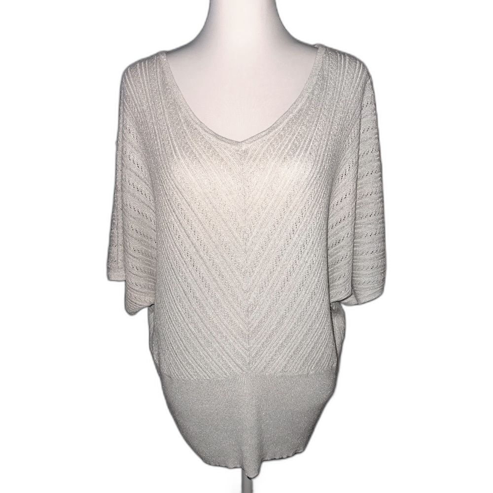 Lane Bryant Plus Open Knit Dolman V-Neck Sweater Silver Gray Relaxed 14/16